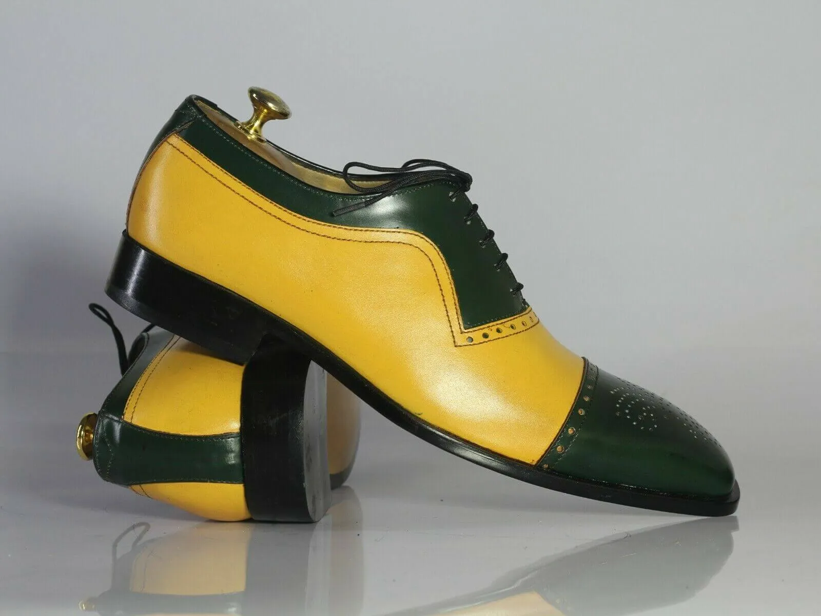 Handmade Men's Leather Lace Up Shoes, Men Yellow Green Cap Toe Dress Formal Shoes