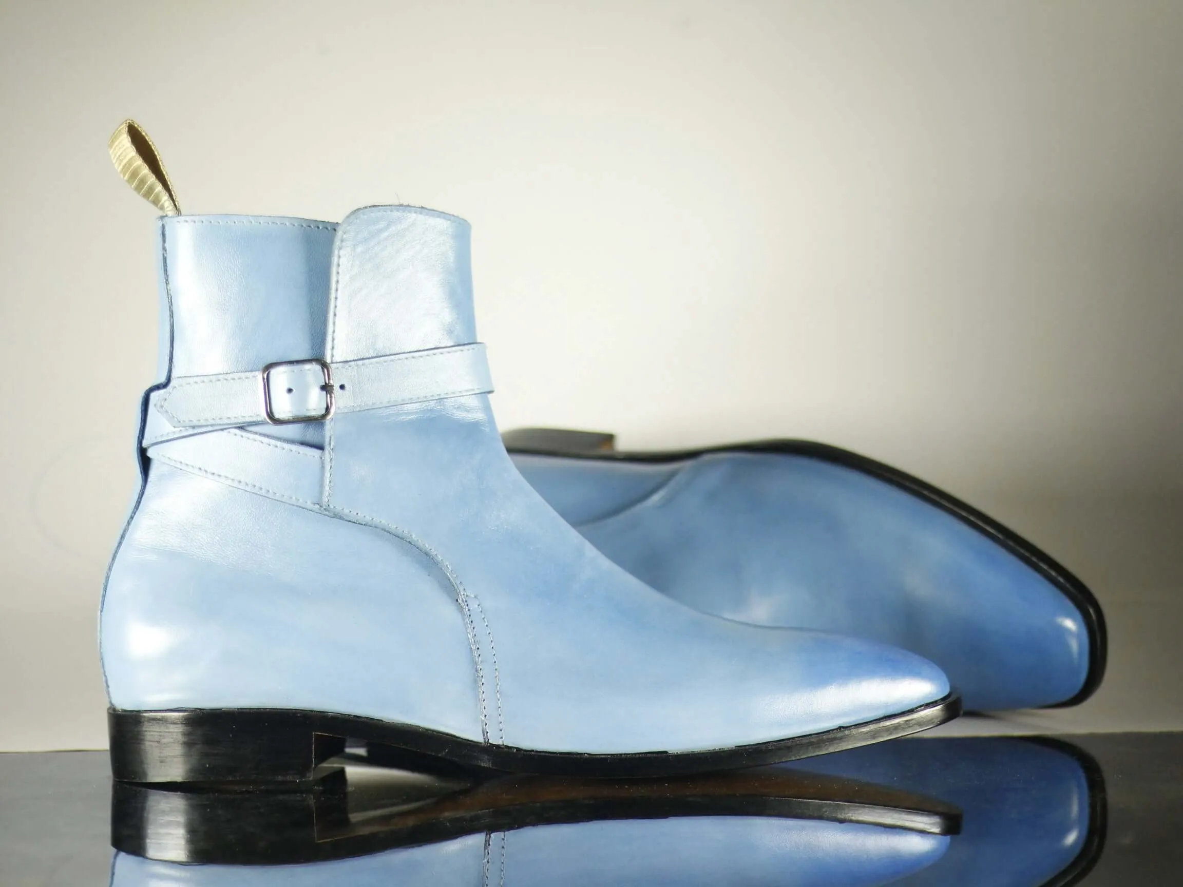 Handmade Men's Light Blue Jodhpur Leather Buckle Strap Boots, Men Ankle Boots, Men Designer Boots