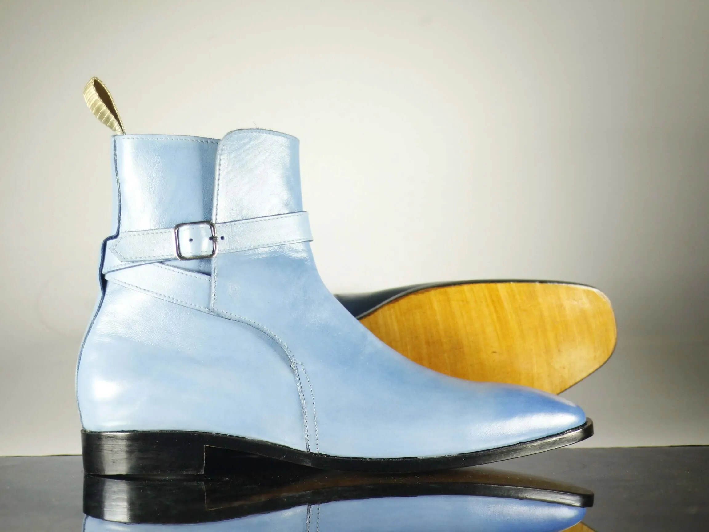 Handmade Men's Light Blue Jodhpur Leather Buckle Strap Boots, Men Ankle Boots, Men Designer Boots