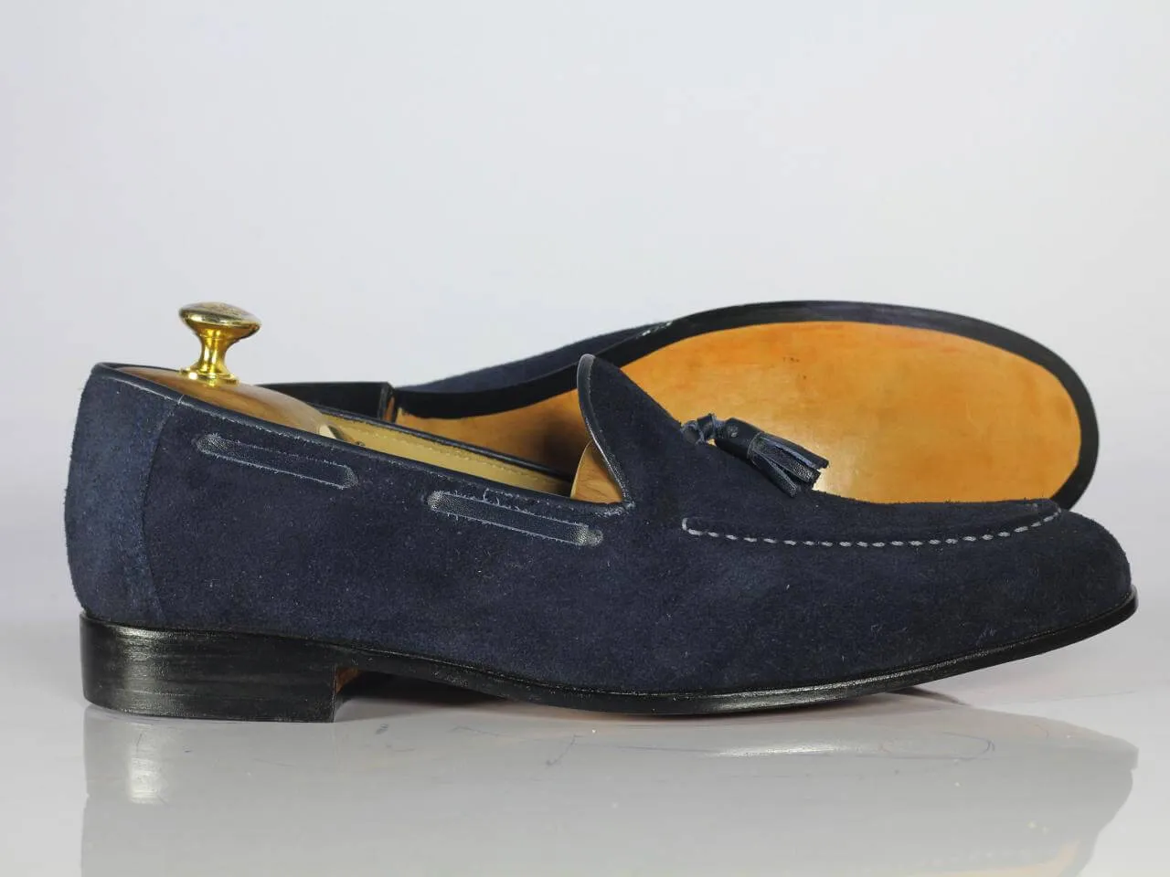 Handmade Men's Suede Tussles Loafer, Men Blue Tassel Moccasin Dress Shoes