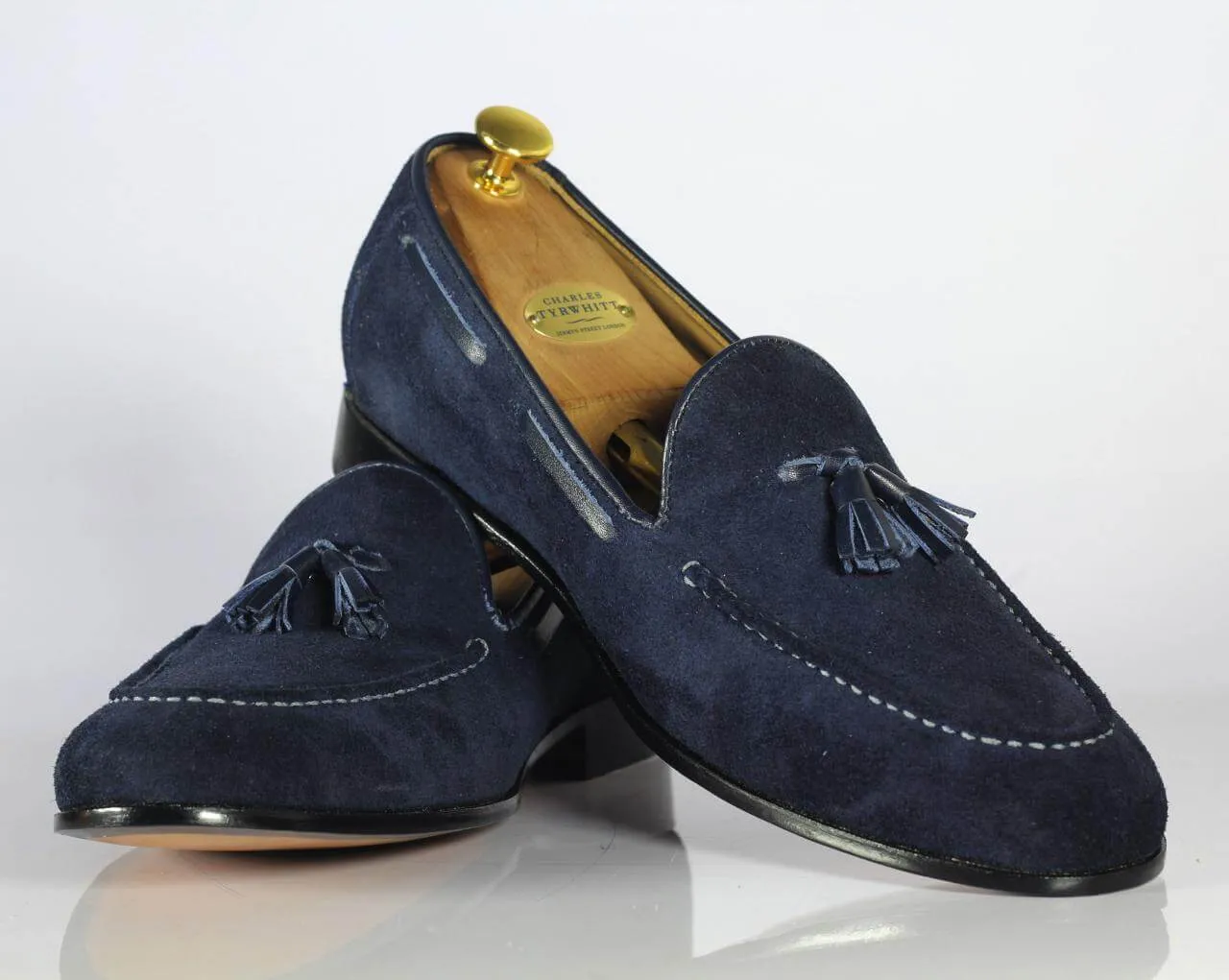 Handmade Men's Suede Tussles Loafer, Men Blue Tassel Moccasin Dress Shoes