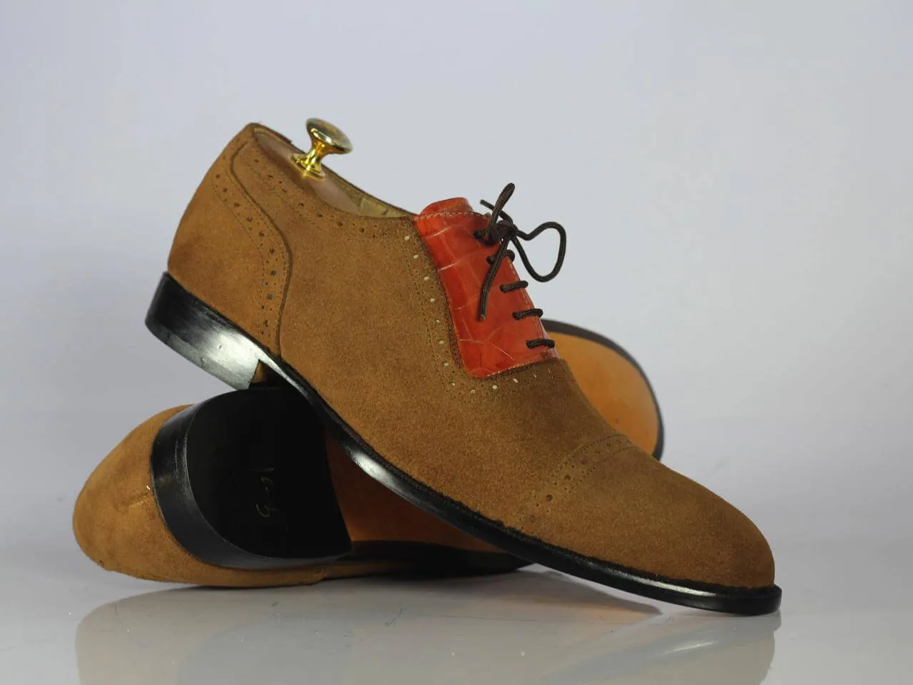 Handmade Men's Tan Brown Alligator Leather Suede Shoes, Men Cap Toe Lace Up Shoe