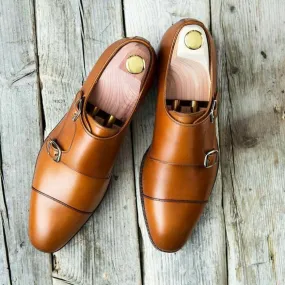 Handmade Men's Tan Brown Leather Cap Toe Double Monk Strap Shoes, Men Designer Dress Formal Luxury Shoes