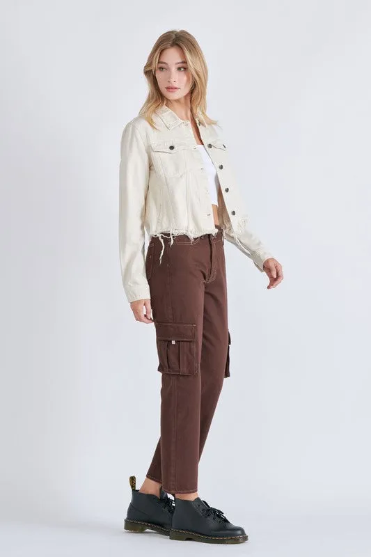 Hidden Jeans Cream Colored Cropped Frayed Fitted Jacket