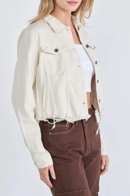 Hidden Jeans Cream Colored Cropped Frayed Fitted Jacket