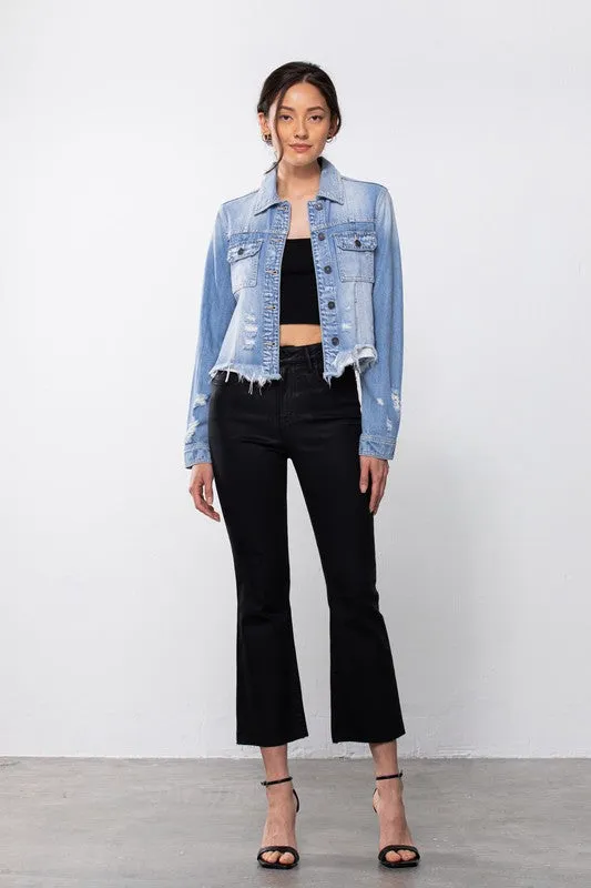 Hidden Rebel Light Wash Frayed Bottom Fitted Jacket W/ Uneven Hem