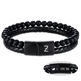 Leather Bracelet for Men Initial Z Layered Black Beaded Bracelets I Love You Gifts for Him