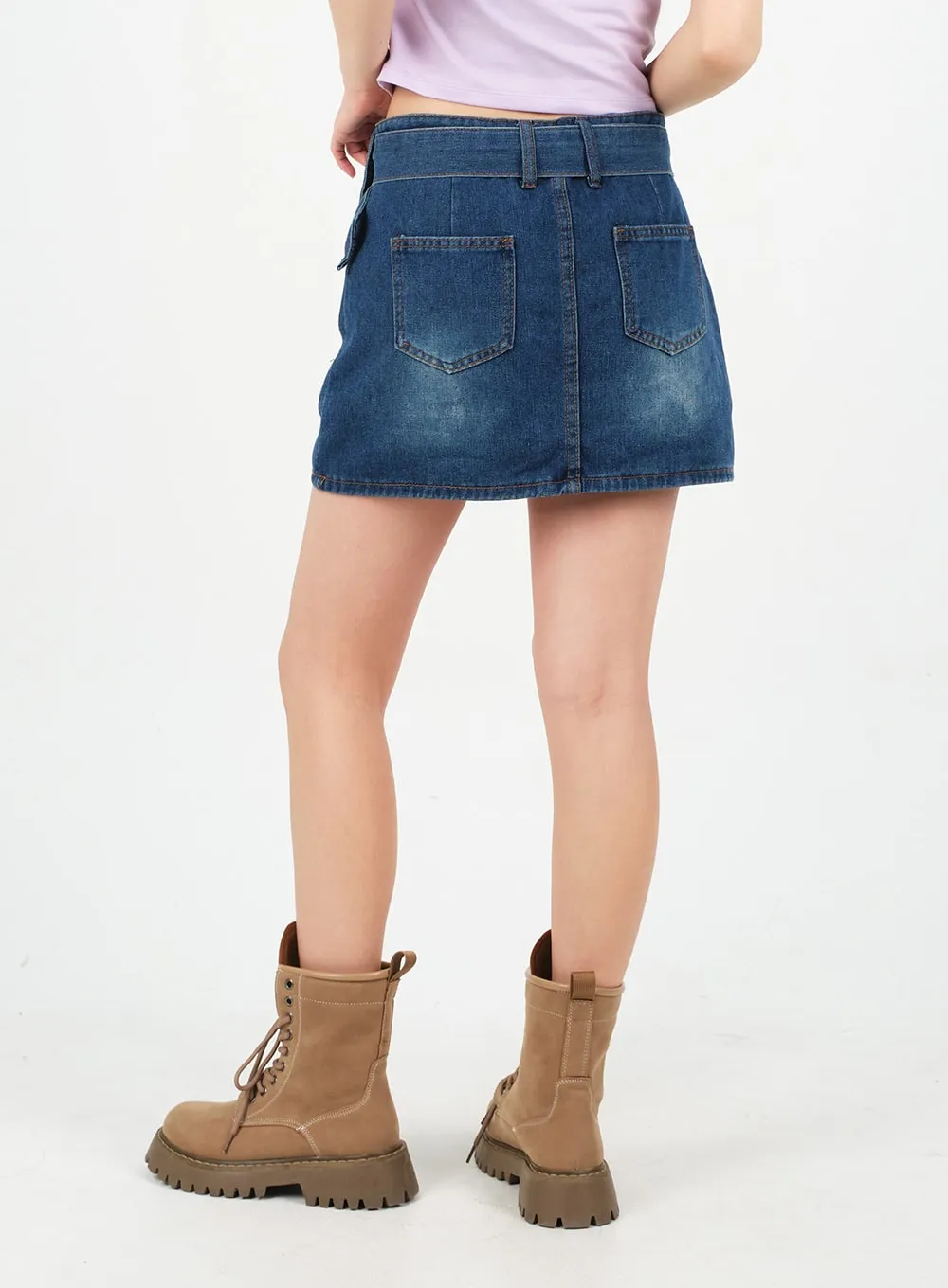 Low-Rise Bleached Denim Skorts and Belt Set CM02