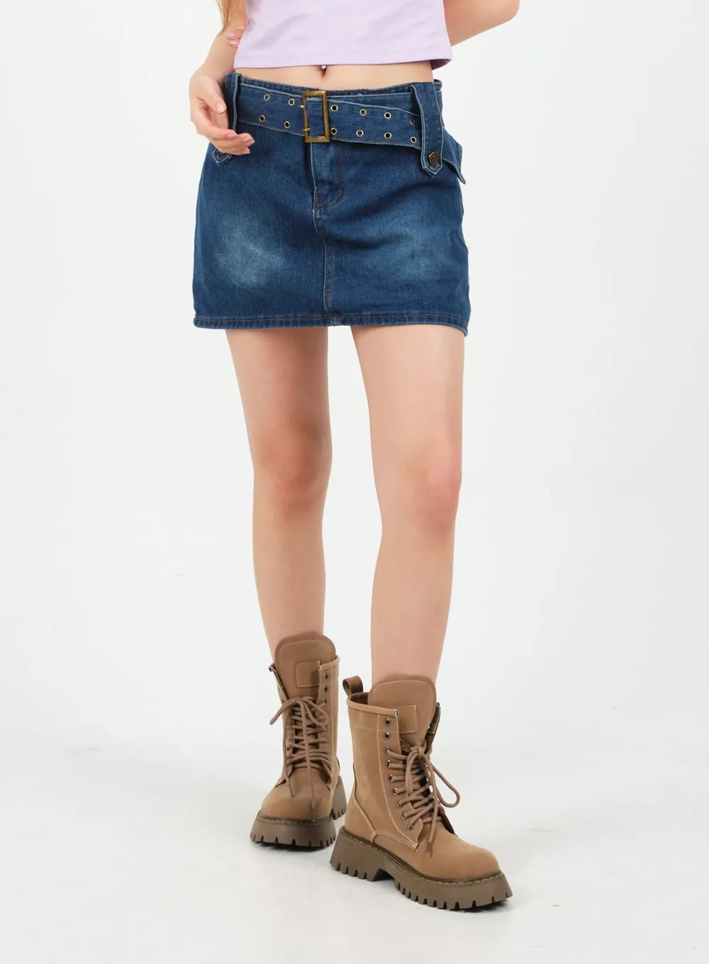 Low-Rise Bleached Denim Skorts and Belt Set CM02