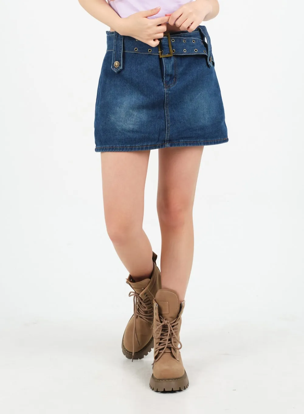 Low-Rise Bleached Denim Skorts and Belt Set CM02