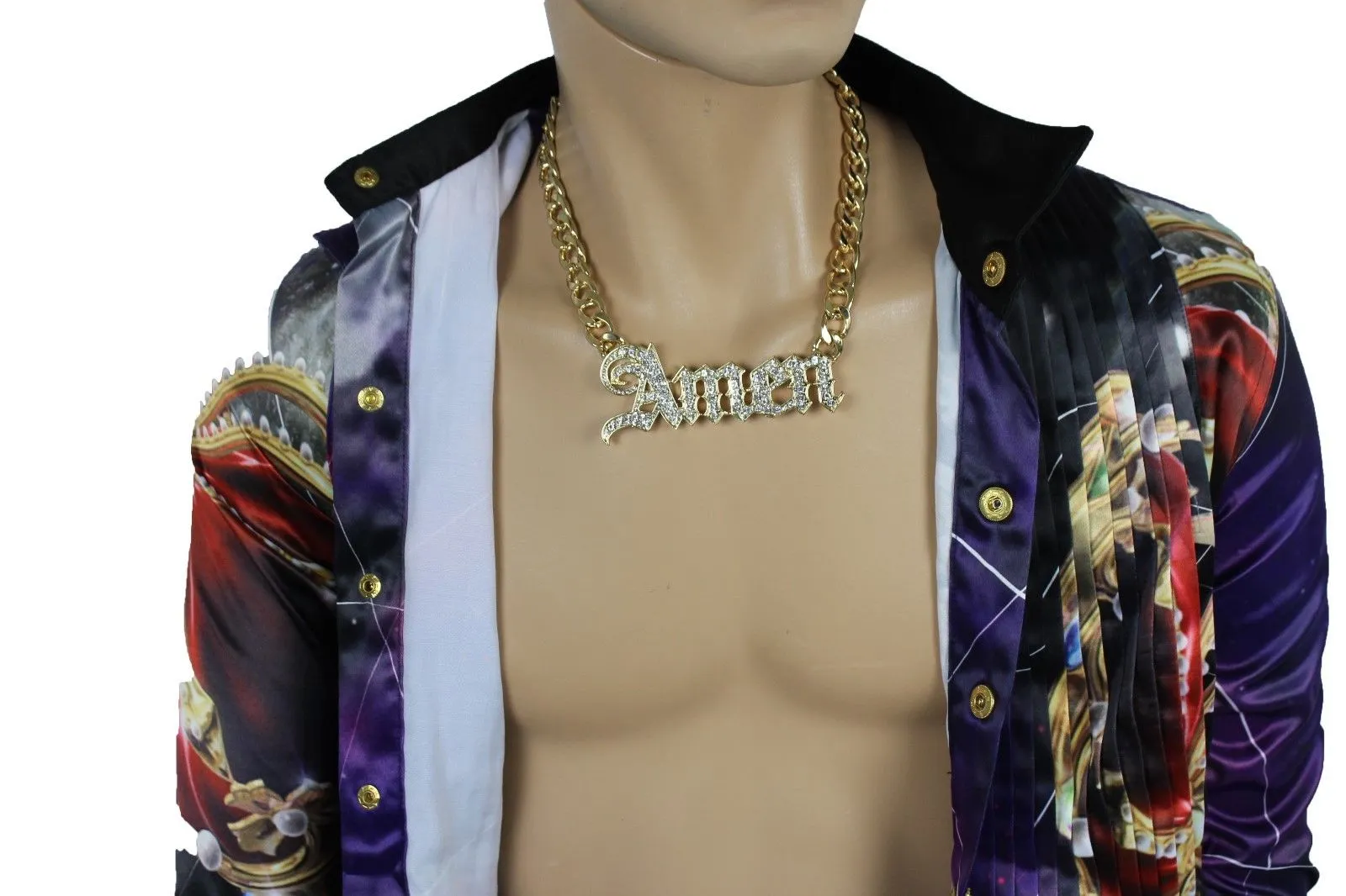 Men Necklace Gold Metal Chains Amen 3D Long Pendant Bling Hip Hop Big Jewelry