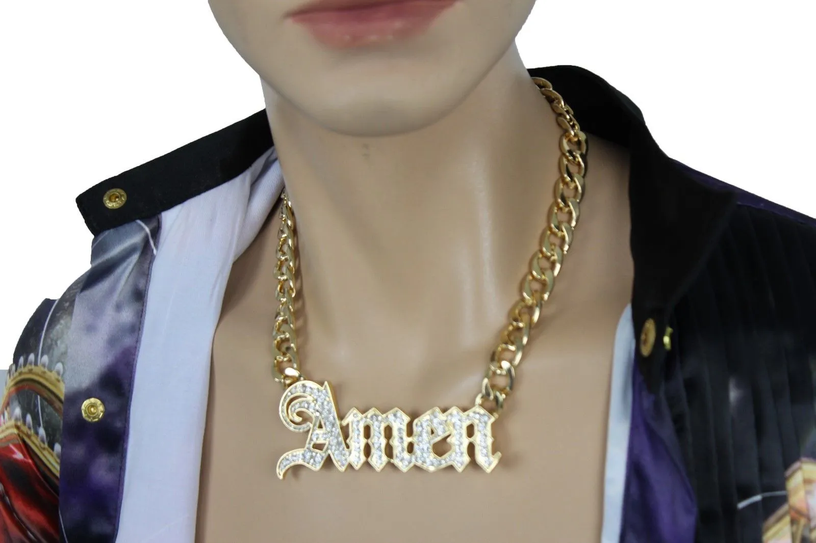 Men Necklace Gold Metal Chains Amen 3D Long Pendant Bling Hip Hop Big Jewelry