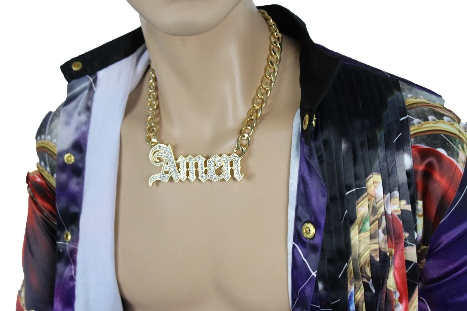 Men Necklace Gold Metal Chains Amen 3D Long Pendant Bling Hip Hop Big Jewelry