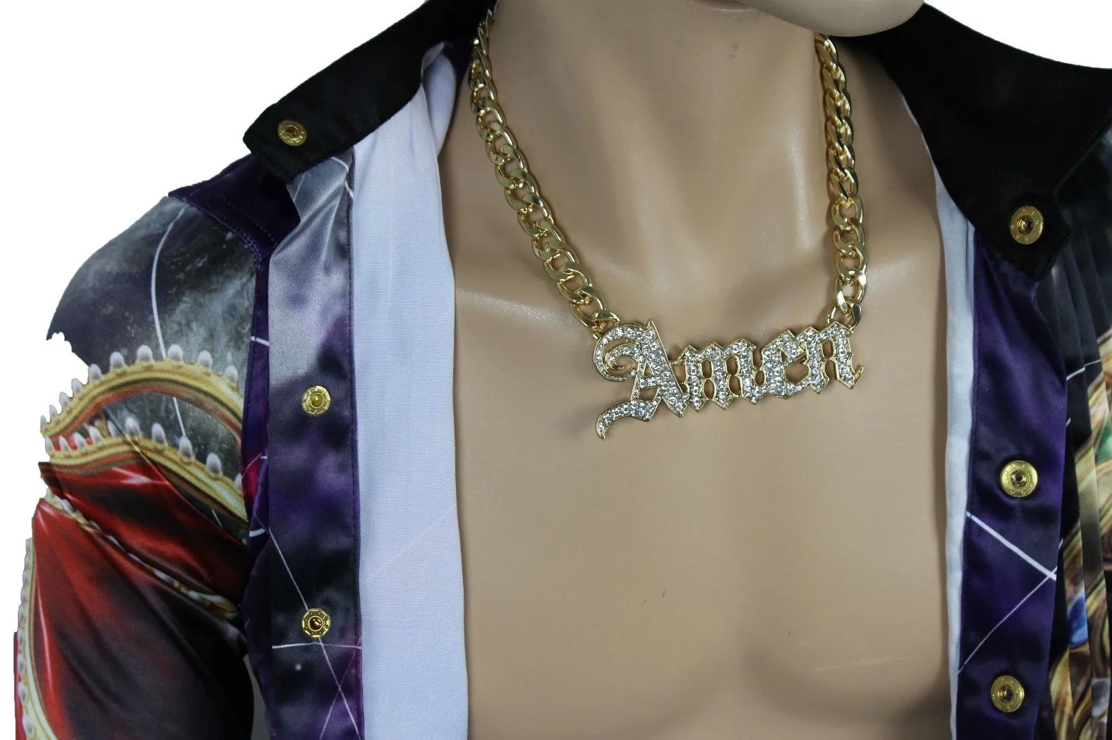 Men Necklace Gold Metal Chains Amen 3D Long Pendant Bling Hip Hop Big Jewelry