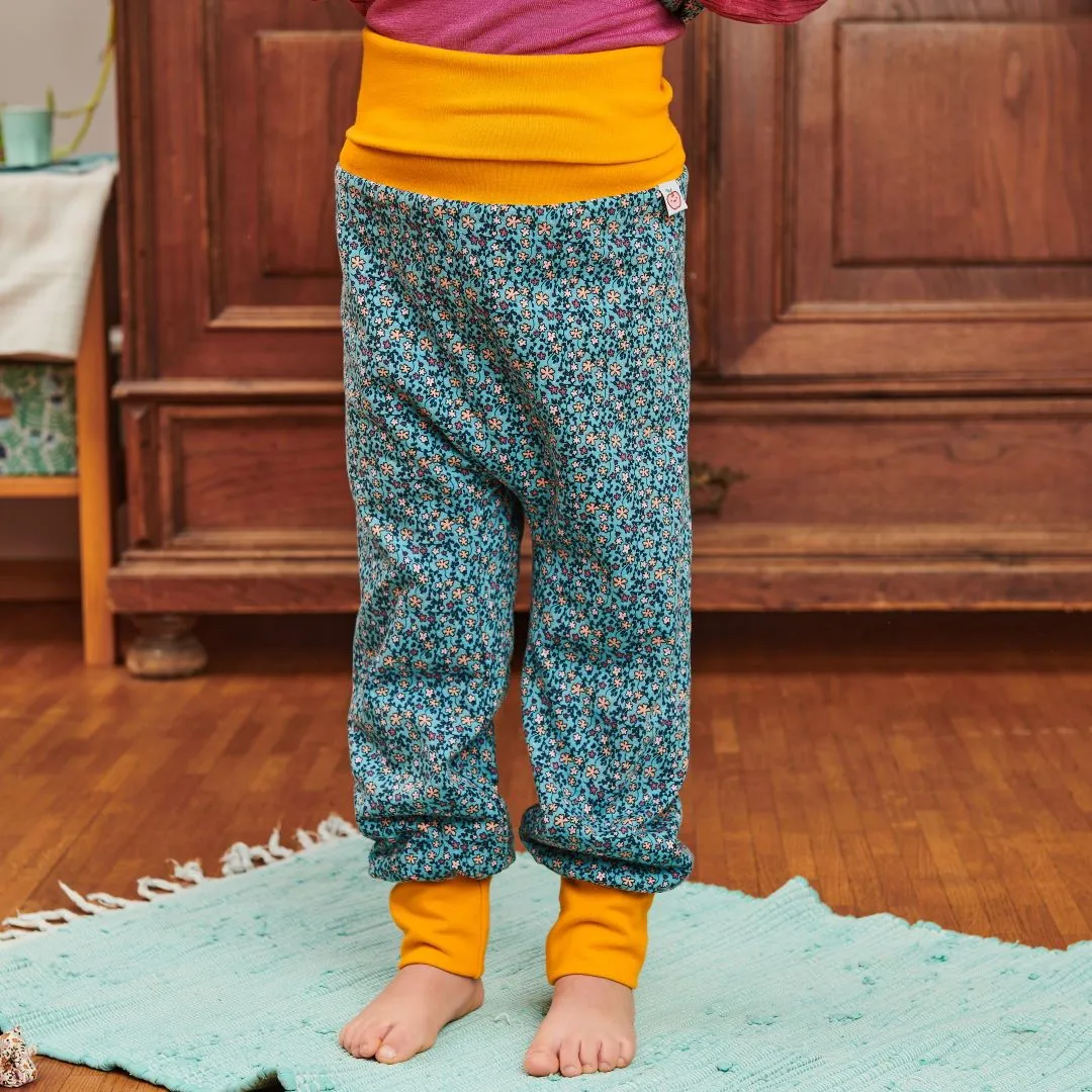 Organic reversible rib pants "Missy Flower | Nicki Pagoda Blue" - 98% organic cotton, 2% elasthane