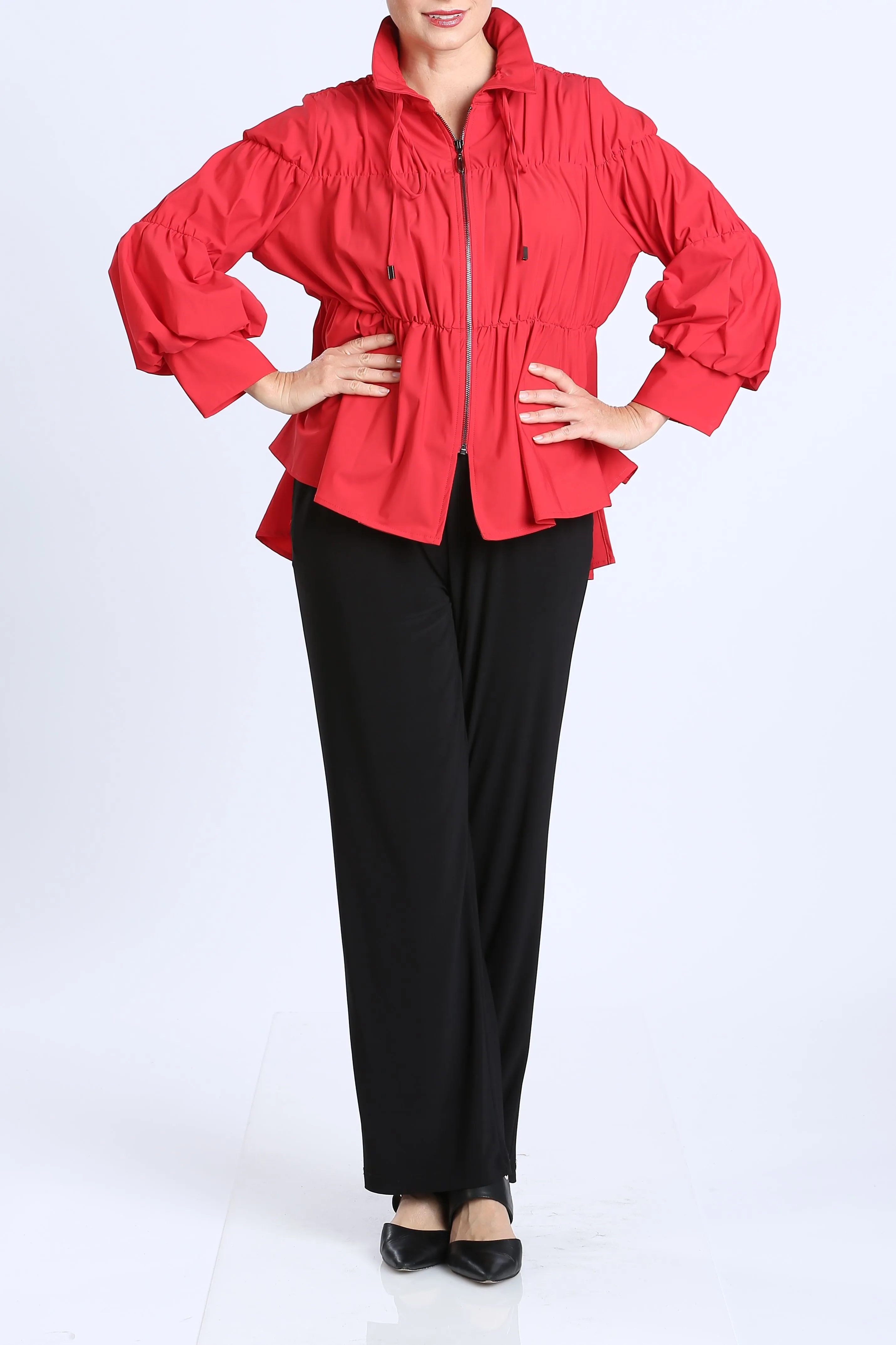 Red Shirred Sleeve Zip-Up Blouson Jacket