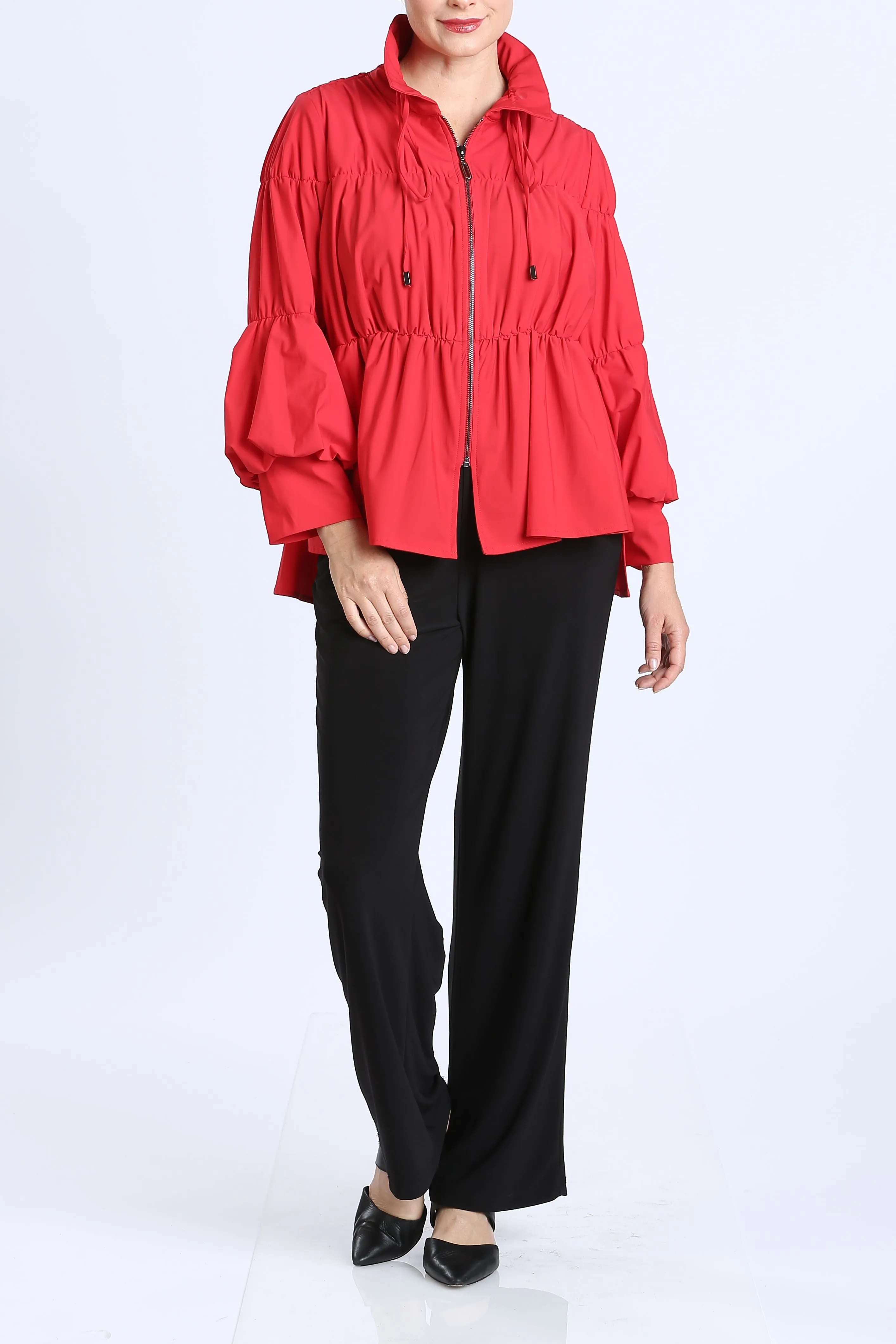 Red Shirred Sleeve Zip-Up Blouson Jacket