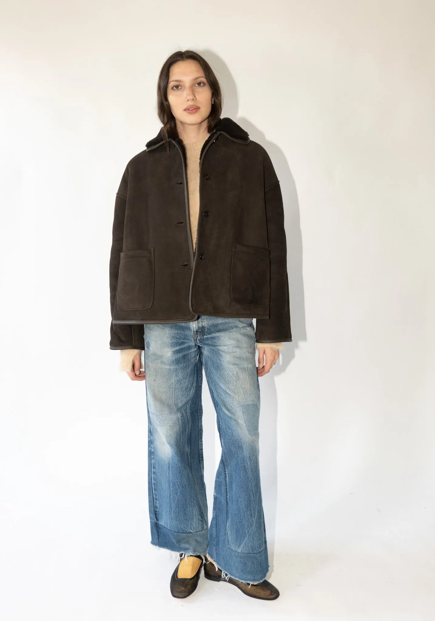 Suede and Curly Shearling Avis Jacket in Chocolate