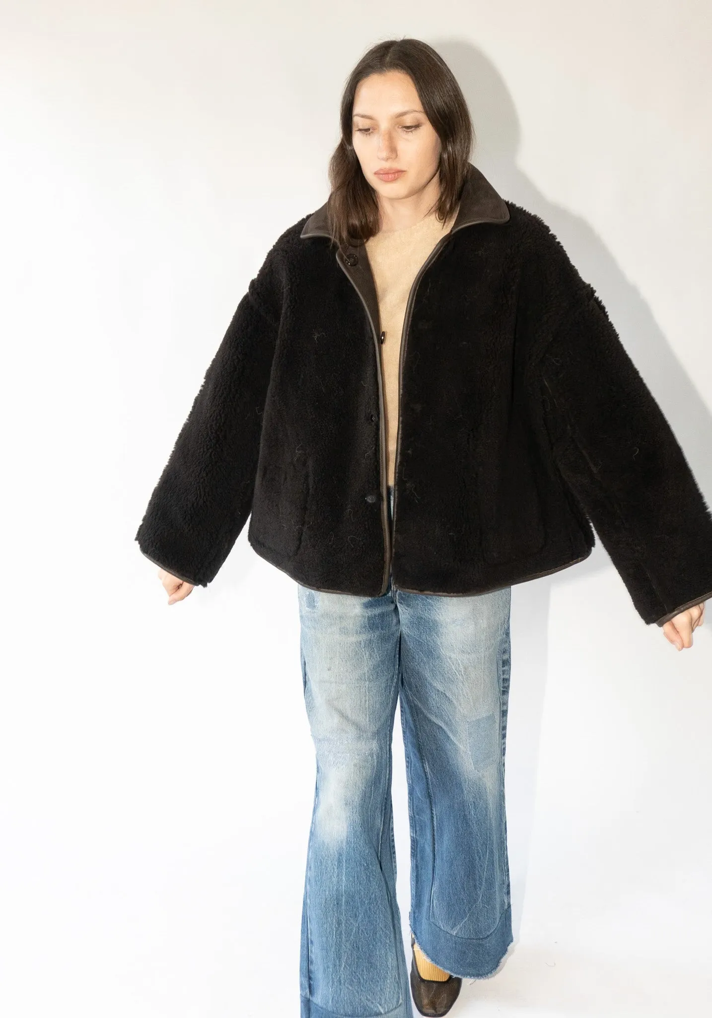 Suede and Curly Shearling Avis Jacket in Chocolate