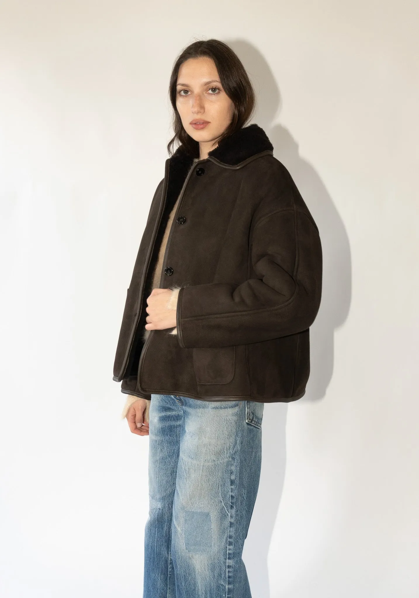 Suede and Curly Shearling Avis Jacket in Chocolate