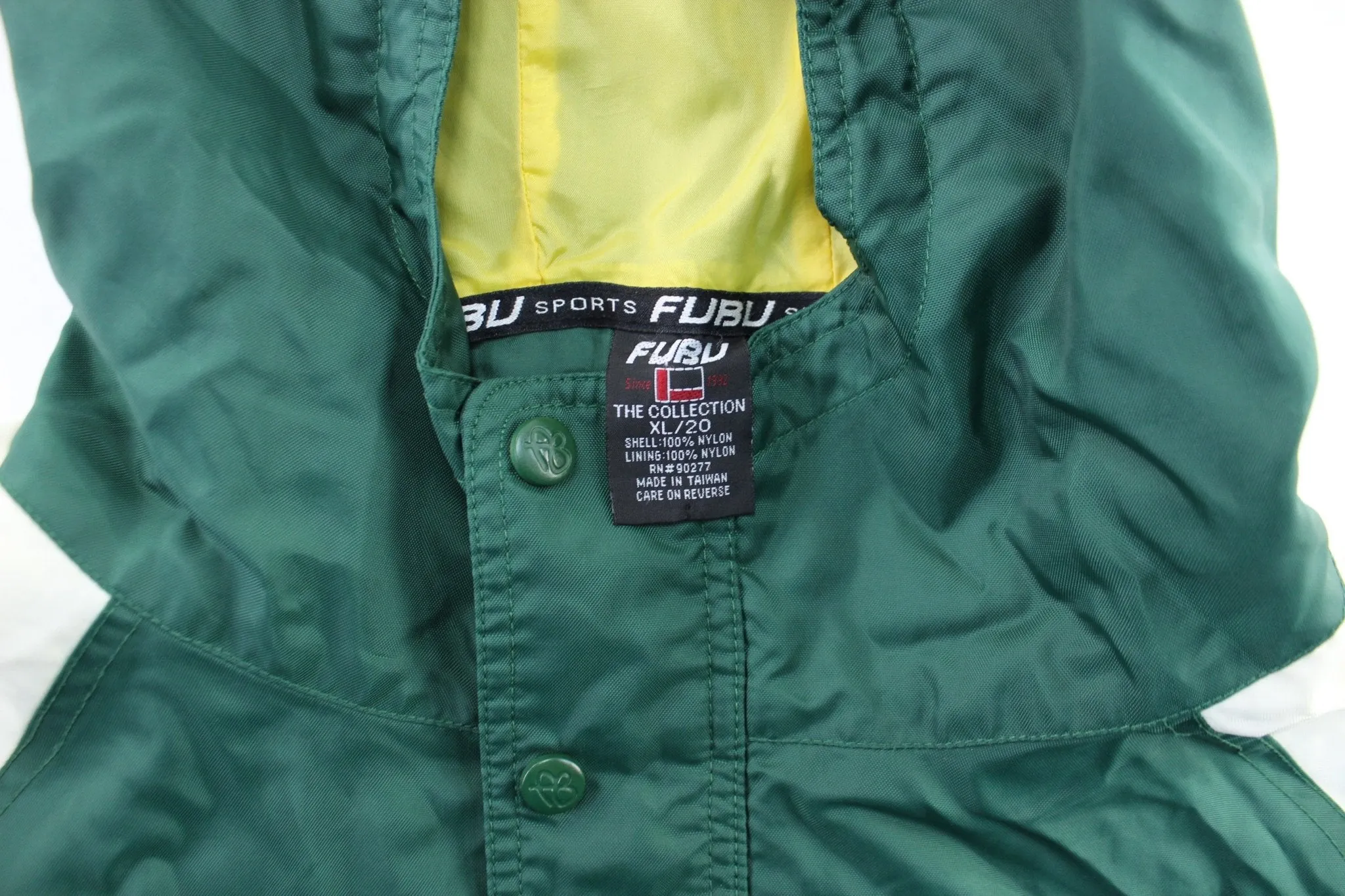 Y2K Fubu Embroidered Green & White Hooded Zip Up Jacket