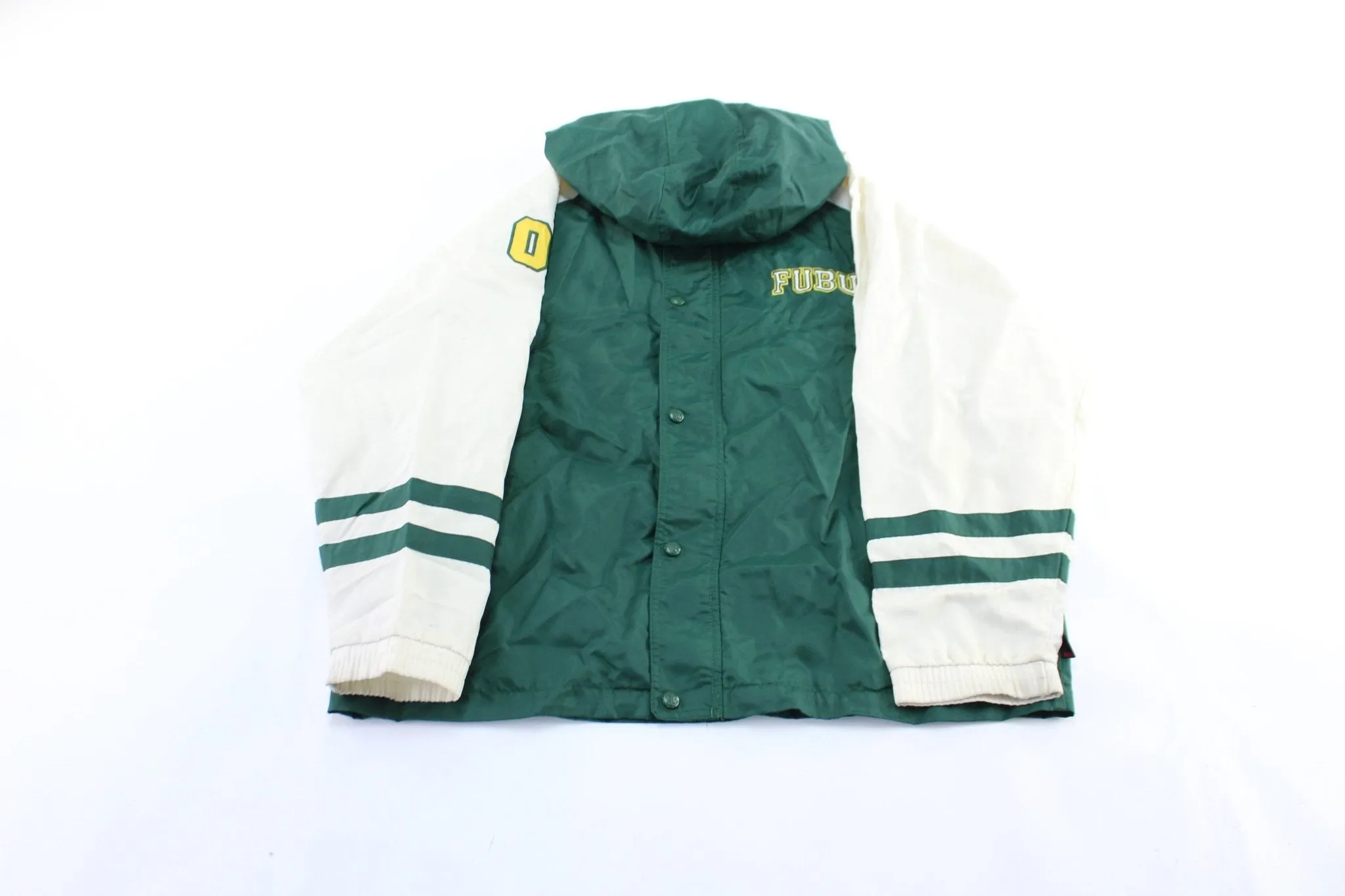 Y2K Fubu Embroidered Green & White Hooded Zip Up Jacket