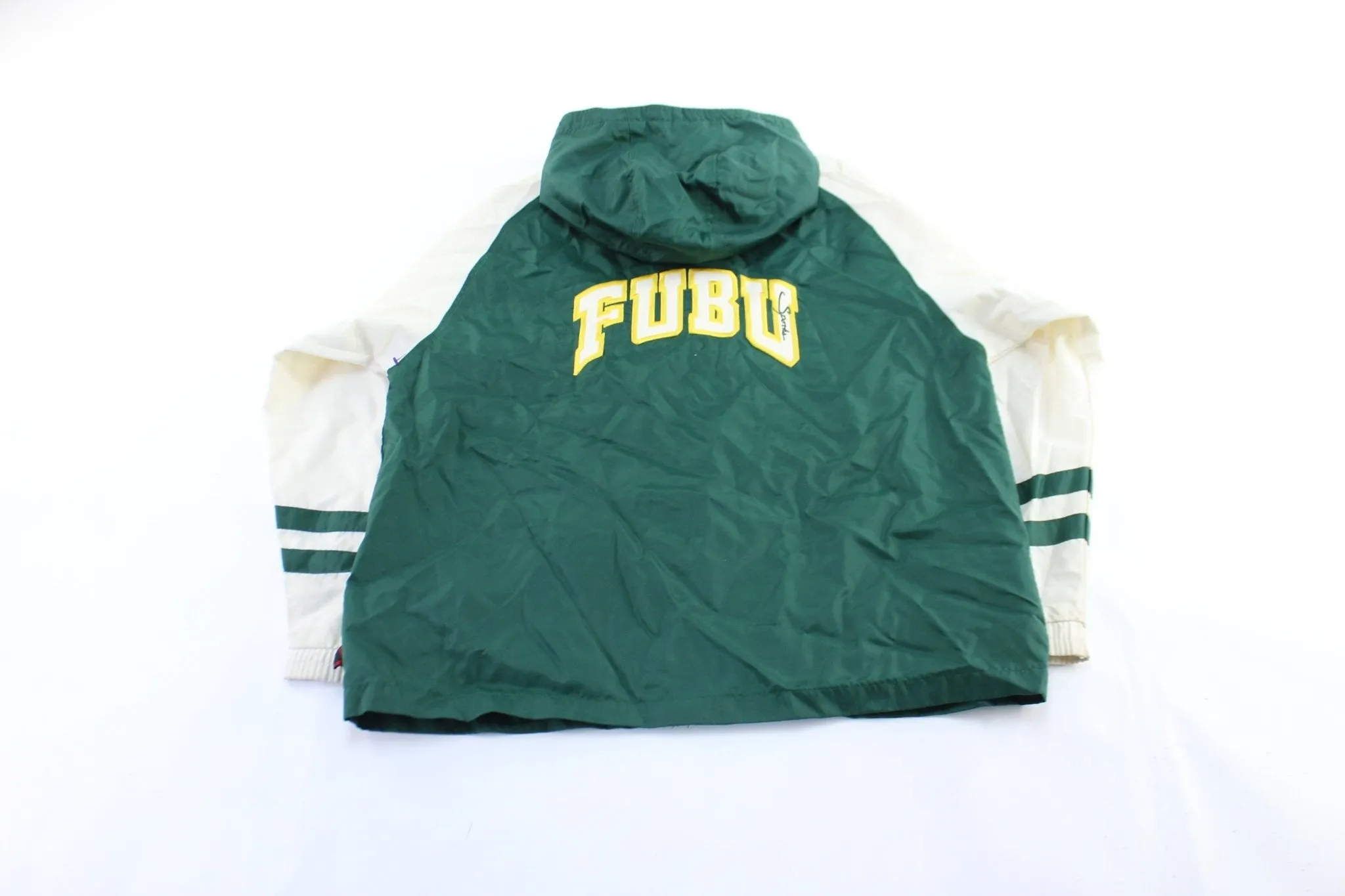 Y2K Fubu Embroidered Green & White Hooded Zip Up Jacket