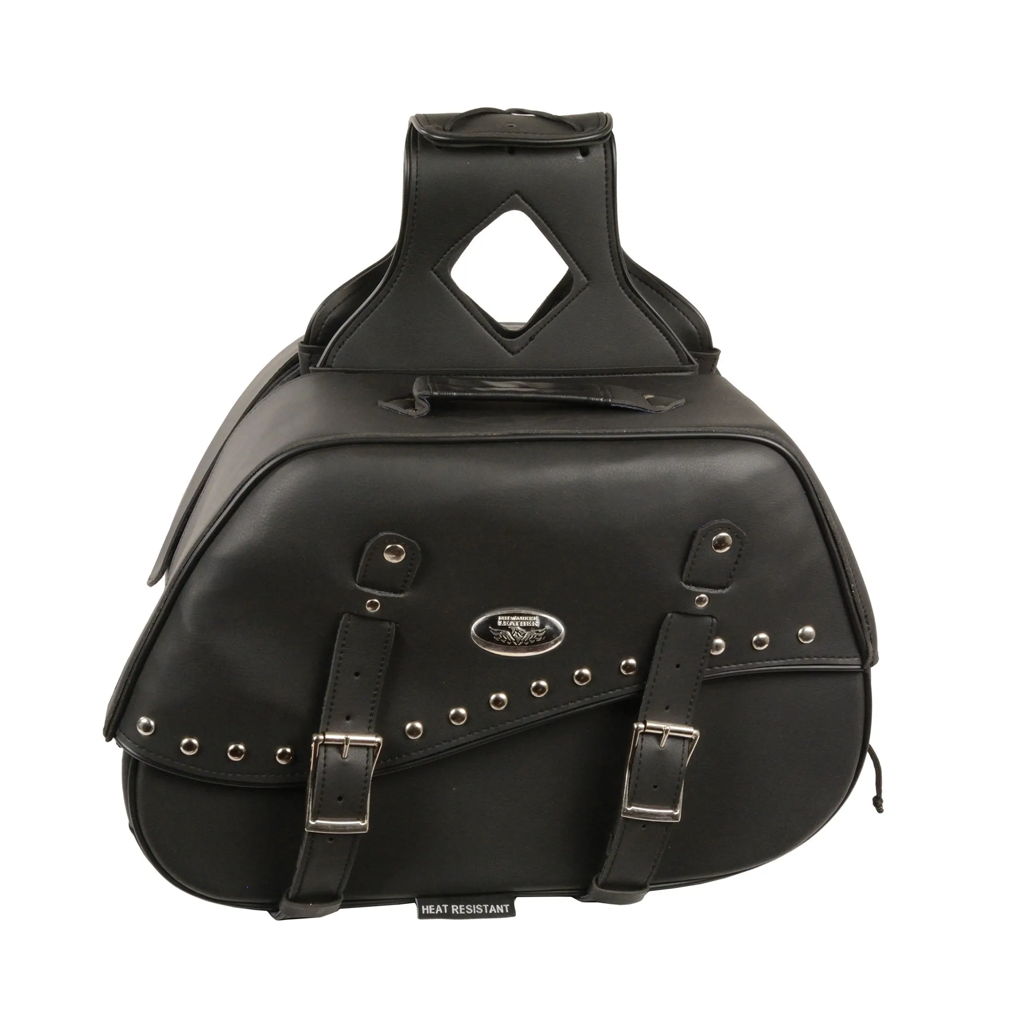 Zip-Off Two Buckle Extended Lid Studded PVC Throw Over Saddle Bag (19X12X7X20)